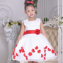 Beau modèle satin organza arc rouge brodé enfants robe pour la fête